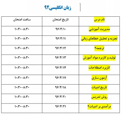 برنامه امتحانات نیمسال دوم تحصیلی ه تفکیک رشته و سال ورودی 4