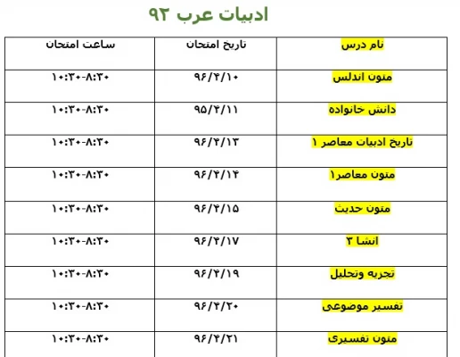 برنامه امتحانات نیمسال دوم تحصیلی ه تفکیک رشته و سال ورودی 7