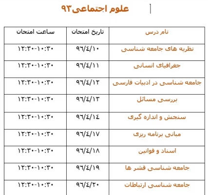 برنامه امتحانات نیمسال دوم تحصیلی به تفکیک رشته و سال ورودی 5