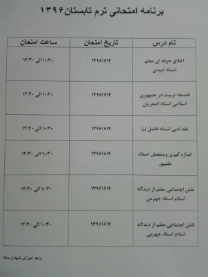 برنامه امتحانی نیمسال تابستان دانشجومعلمان مرکز شهدای مکه 2