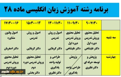 برنامه کلاسی  رشته آموزش زبان انگلیسی مهارت آموزان ماده 28