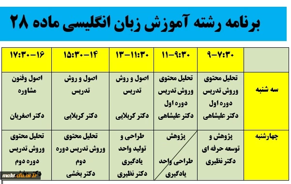برنامه کلاسی  رشته آموزش زبان انگلیسی مهارت آموزان ماده 28 2