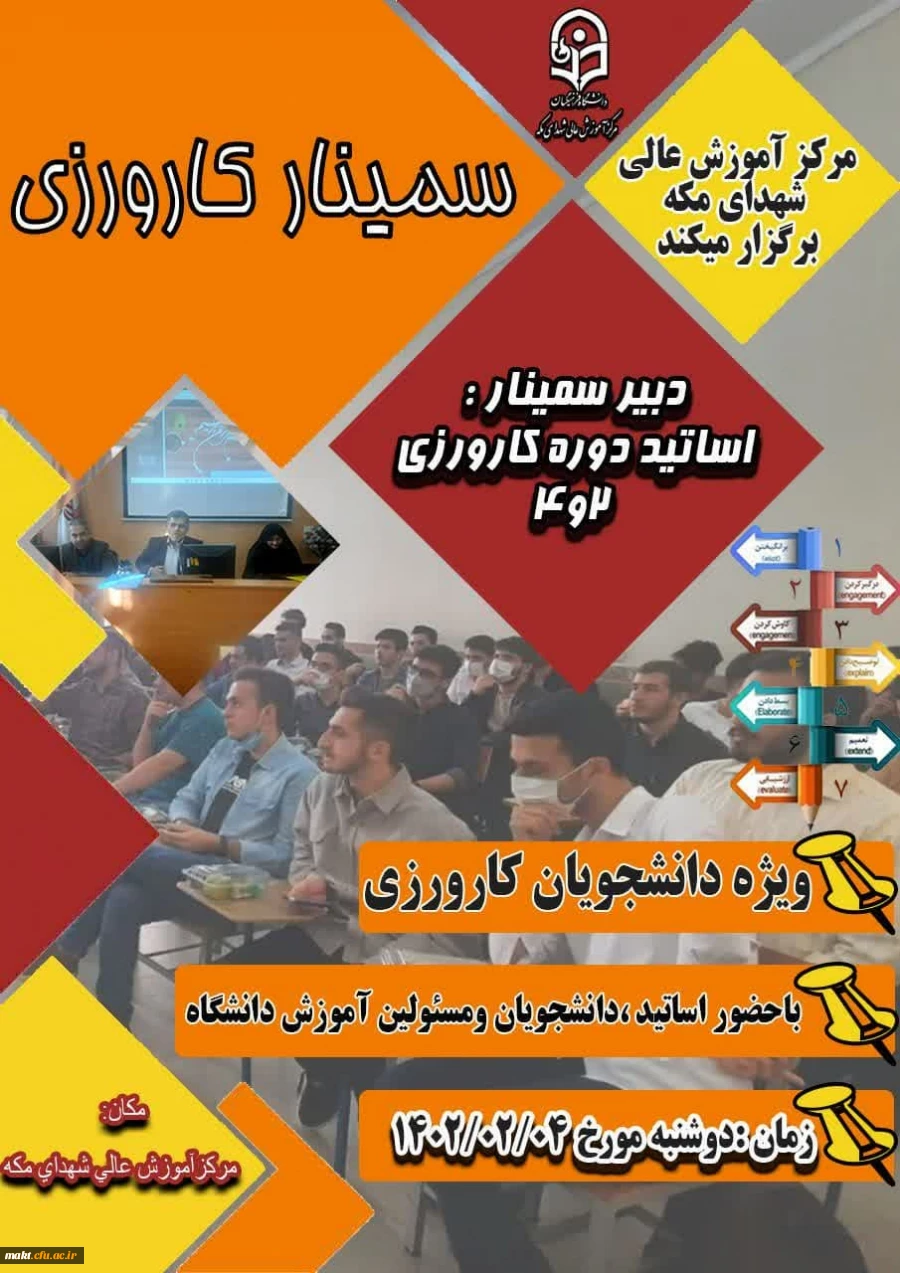 برگزاری سمینار کارورزی در روز دوشنبه مورخ 1402/02/04 با حضور 510 نفر از دانشجومعلمان مرکز آموزش عالی شهدای مکه 2